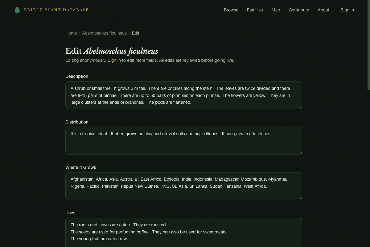 Edit form showing text fields for Description, Distribution, and more